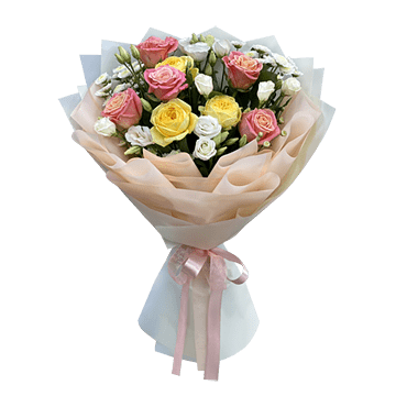 Bouquet de roses et lisianthus