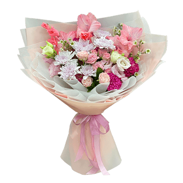 Bouquet de glaïeuls, de roses et de chrysanthèmes