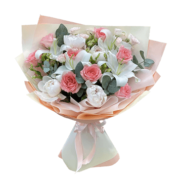 Bouquet de roses, pivoines et lys