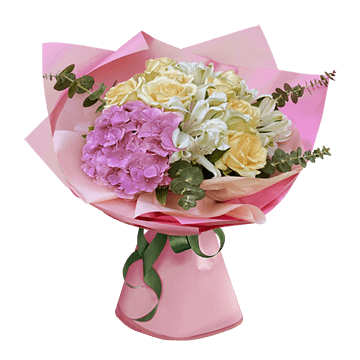 Bouquet de roses, dalstroemeria et dhortensias