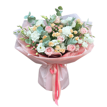 Bouquet de roses et lisianthus