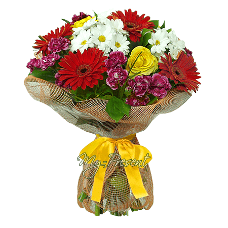 Bouquet de gerberas, chrysanthèmes, roses
