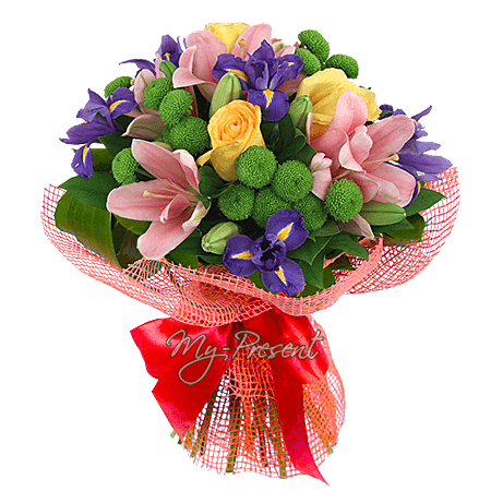 Bouquet de lys, roses, chrysanthèmes