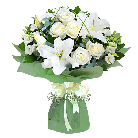 Bouquet de roses, lys, eustoma