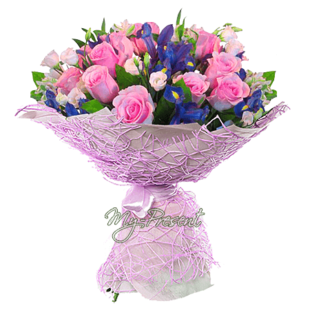 Bouquet de roses, iris et lisianthus