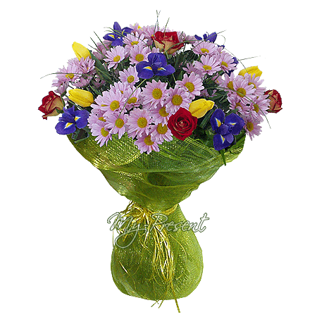 Bouquet de chrysanthèmes, iris, roses