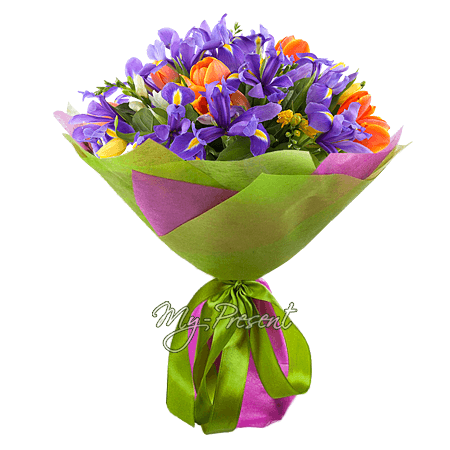 Bouquet de tulipes, iris, alstroemerias