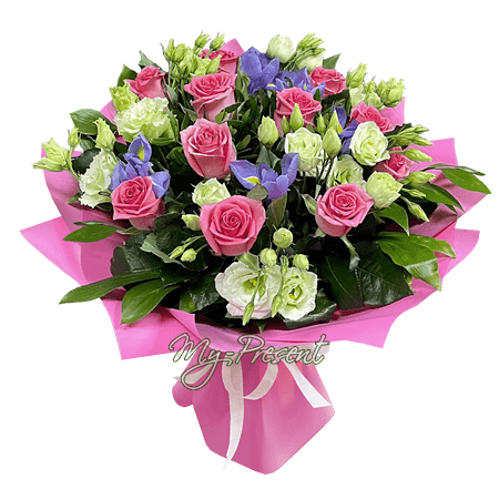 Bouquet de roses, lisianthus et iris