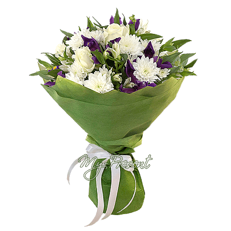 Bouquet de roses, iris et chrysanthèmes