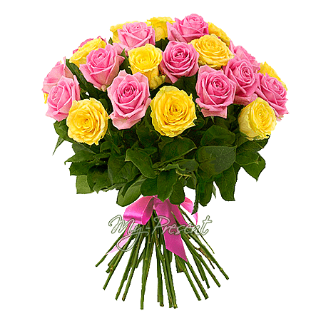 Bouquet de roses jaunes et roses (60 cm.)