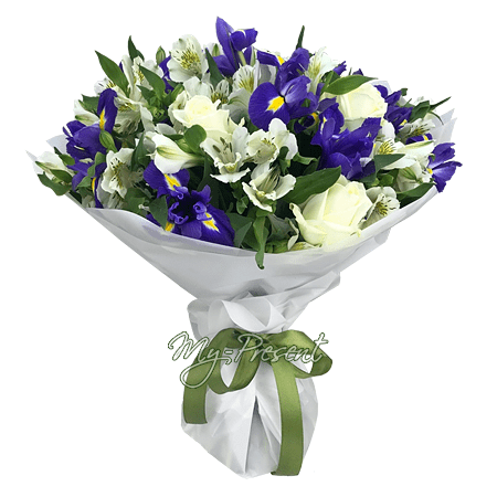 Bouquet de roses, iris et alstroemerias