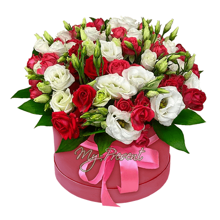 Bouquet de roses et des lisianthus en boîte