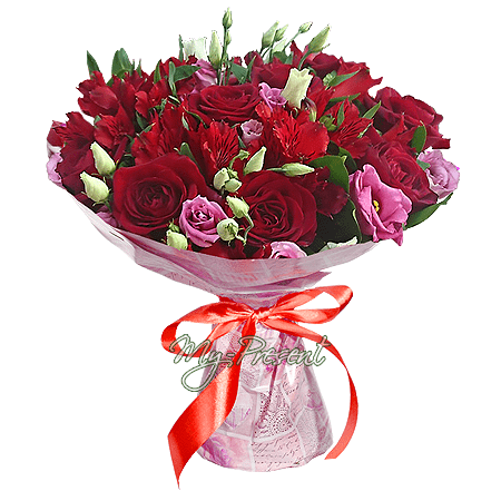 Bouquet de roses, alstroemerias et lisianthus