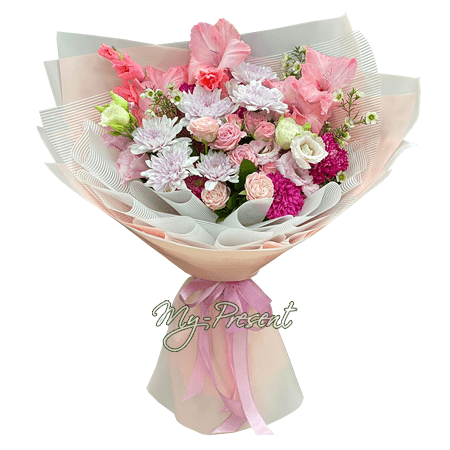 Bouquet dBouquet de glaïeuls, roses et chrysanthèmes