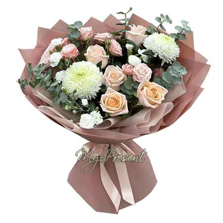 Bouquet de roses, chrysanthèmes et œillets
