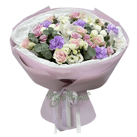 Bouquet de roses, lisianthus, orchidées