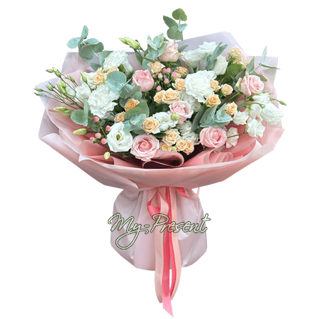 Bouquet de roses et lisianthus