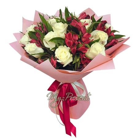 Bouquet de roses et alstroemeria