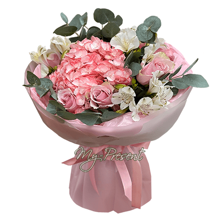 Bouquet de roses, d’hortensias et d’alstroémères