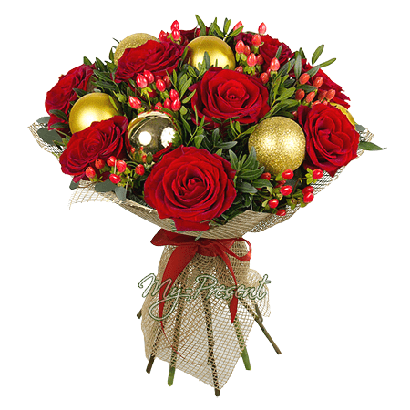 Bouquet de roses et millepertuis decore de boules de Noël