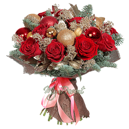 Bouquet de Noël de roses decorees avec des decorations de Noël