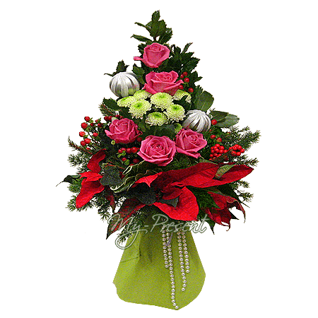 Bouquet de Noël de roses, hipericum, chrysanthèmes